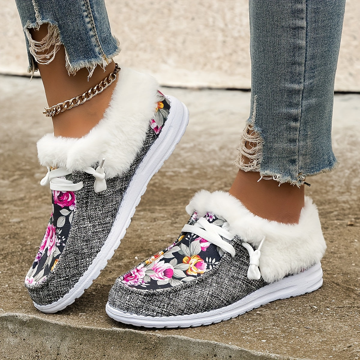 Floral Print Warm Sneakers Lightweight Casual Flat Walking Shoes