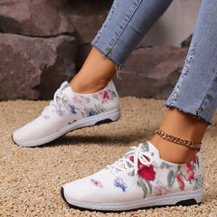 Women's Floral Print Lace Up Sneakers Non slip Walking Shoes
