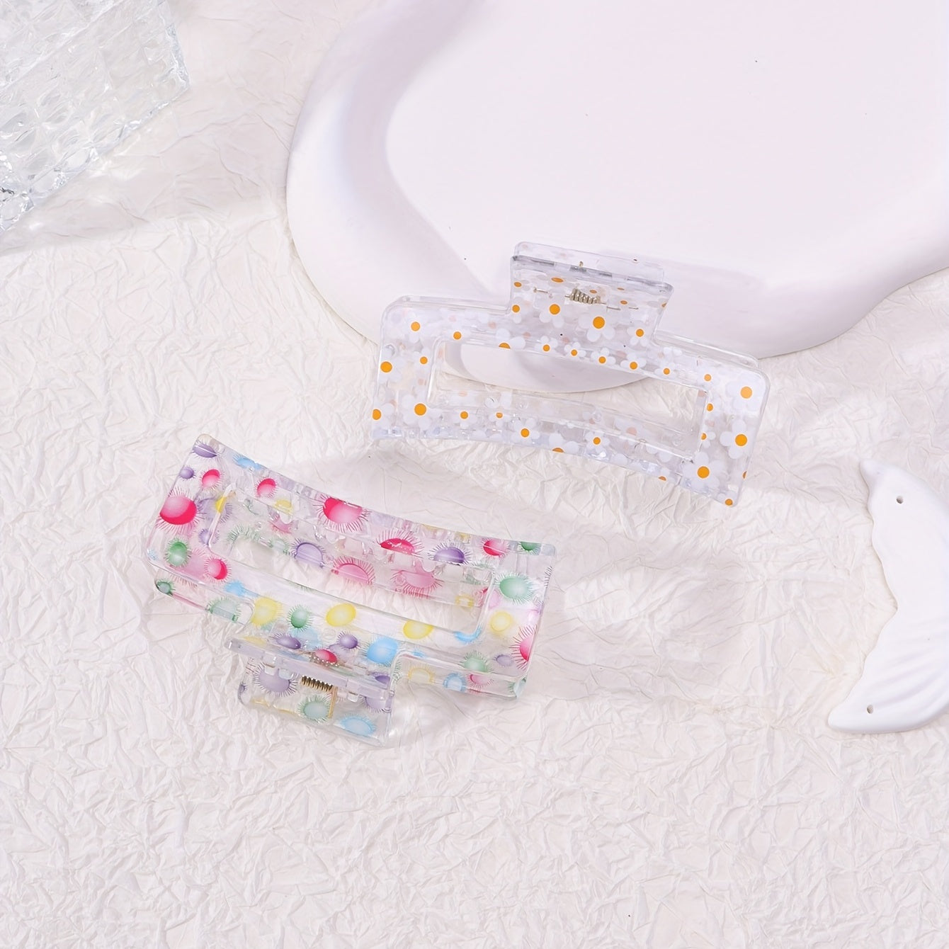 2pcs Floral Printed Hair Claw Clips Transparent Nonslip Shark Clip Women Girls
