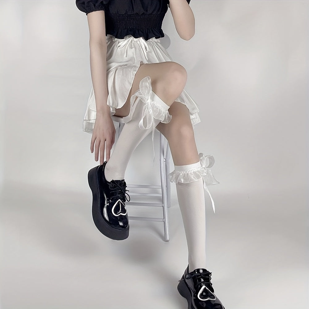 Bow Lace Trim Calf Socks Knee High Socks Women's Stockings