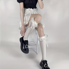 Bow Lace Trim Calf Socks Knee High Socks Women's Stockings
