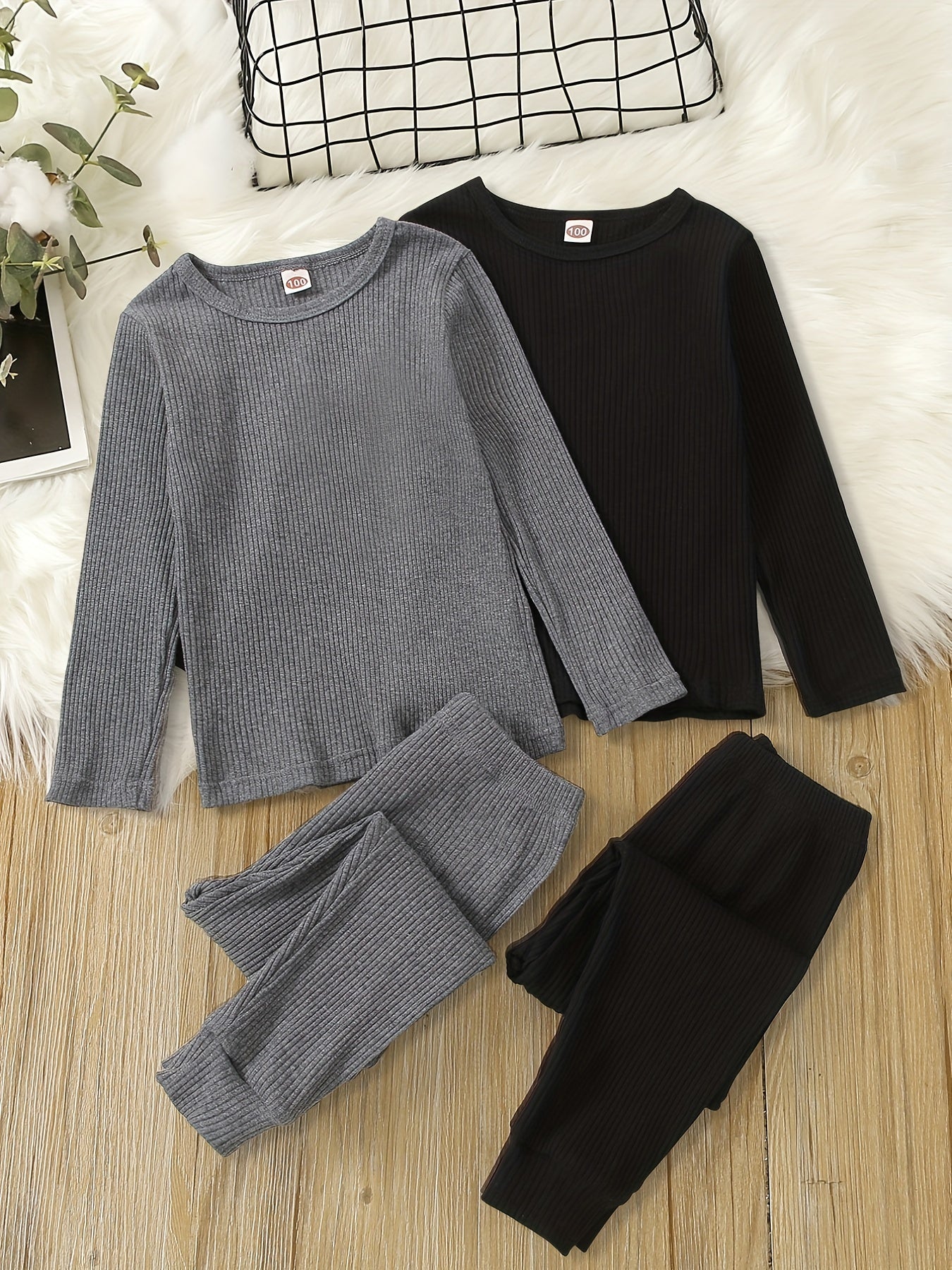 2 Sets Boy's Ribbed Top & Pants Set Casual Outfits Kids Clothes