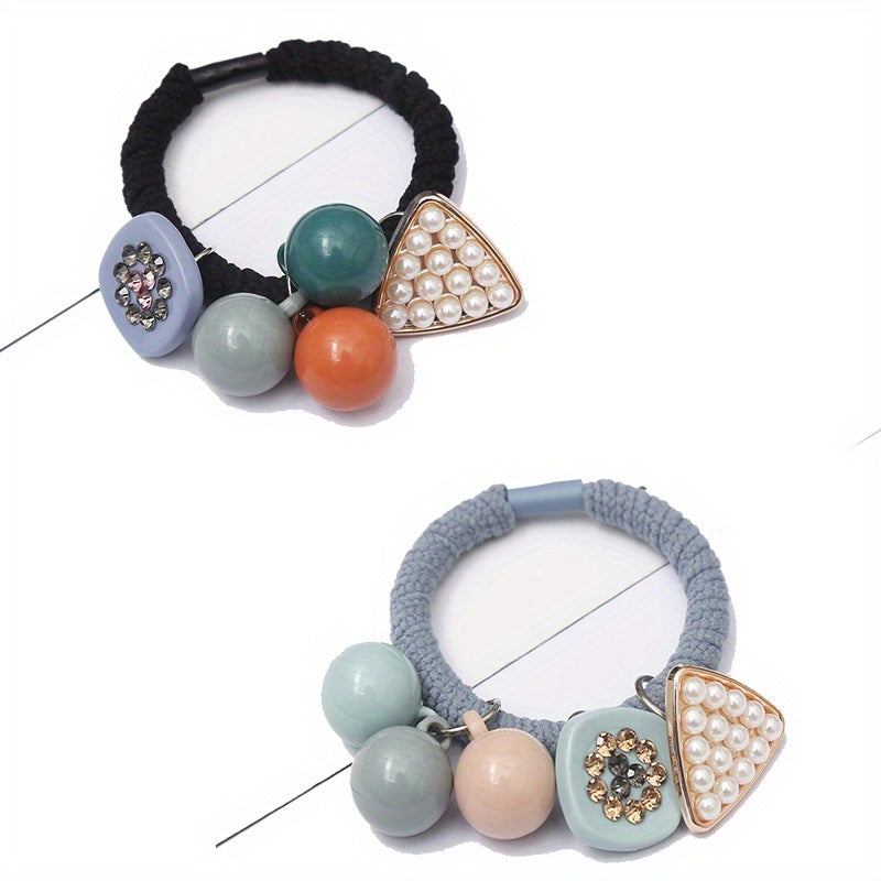 2pcs Candy Beaded Hair Tie Faux Pearl Decor Hair Rope Knitted Hair Tie