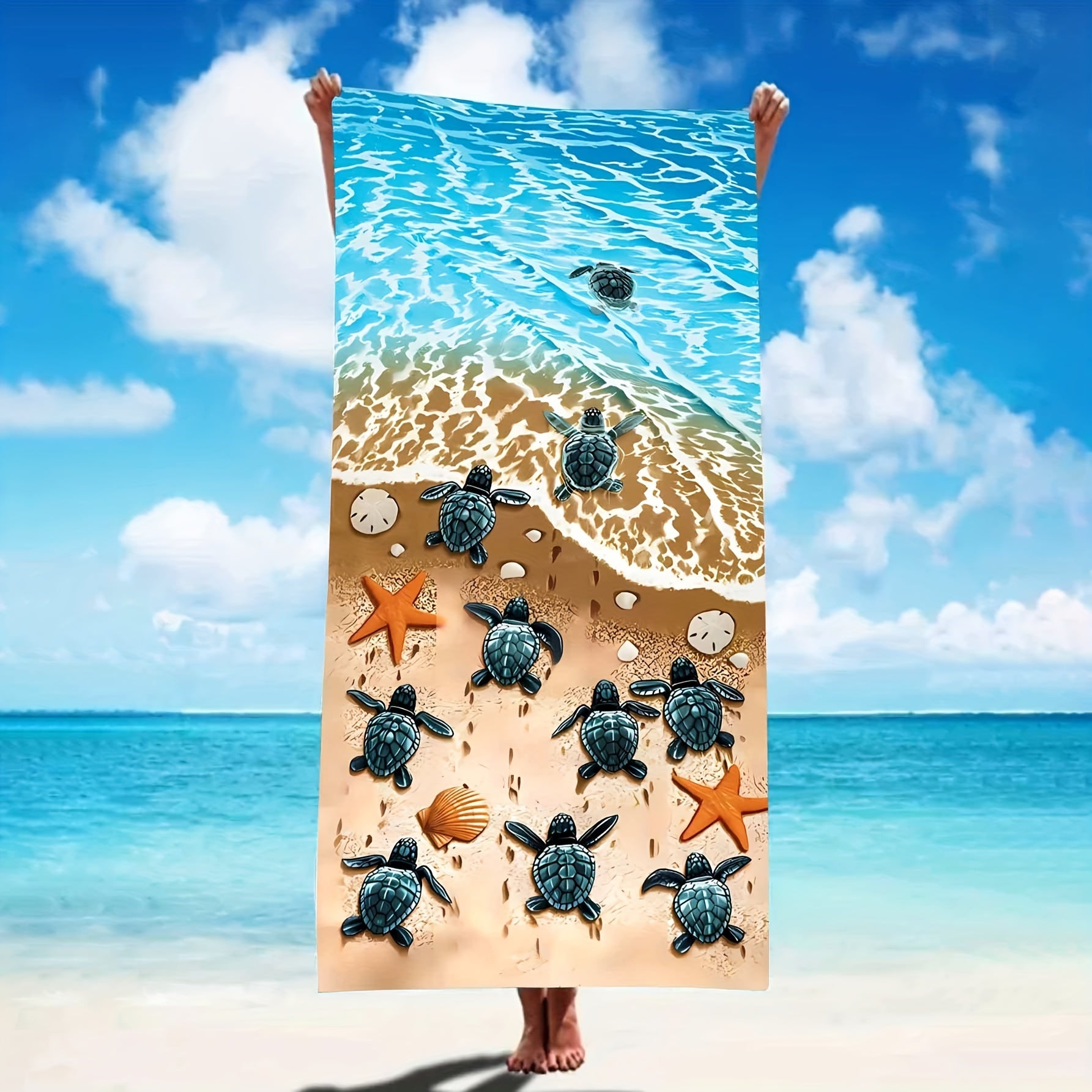 Large Microfiber Beach Towel Tortoise & Beach Print Outdoor Sports Swim Surf
