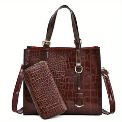 Crocodile Embossed Handbag With Pouch Large Tote Bag PU Leather Crossbody Bag
