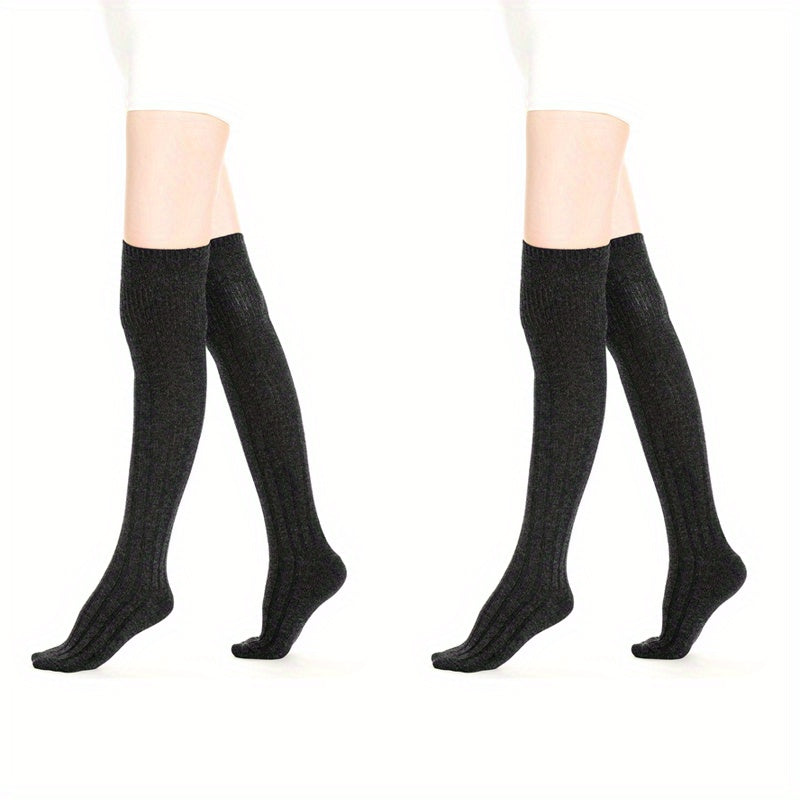 2 Pairs Knitted Thigh High Socks Solid Warm Over The Knee Socks