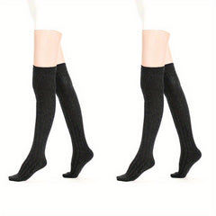 2 Pairs Knitted Thigh High Socks Solid Warm Over The Knee Socks