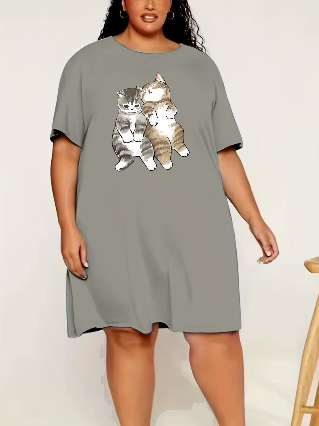  Cats Print Lounge Dress Short Sleeve Round Neck Sleep Dress