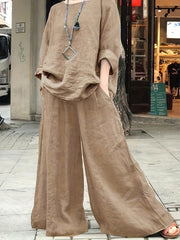  Casual Outfits Set Women's Plus Solid Top & Wide Leg Pants
