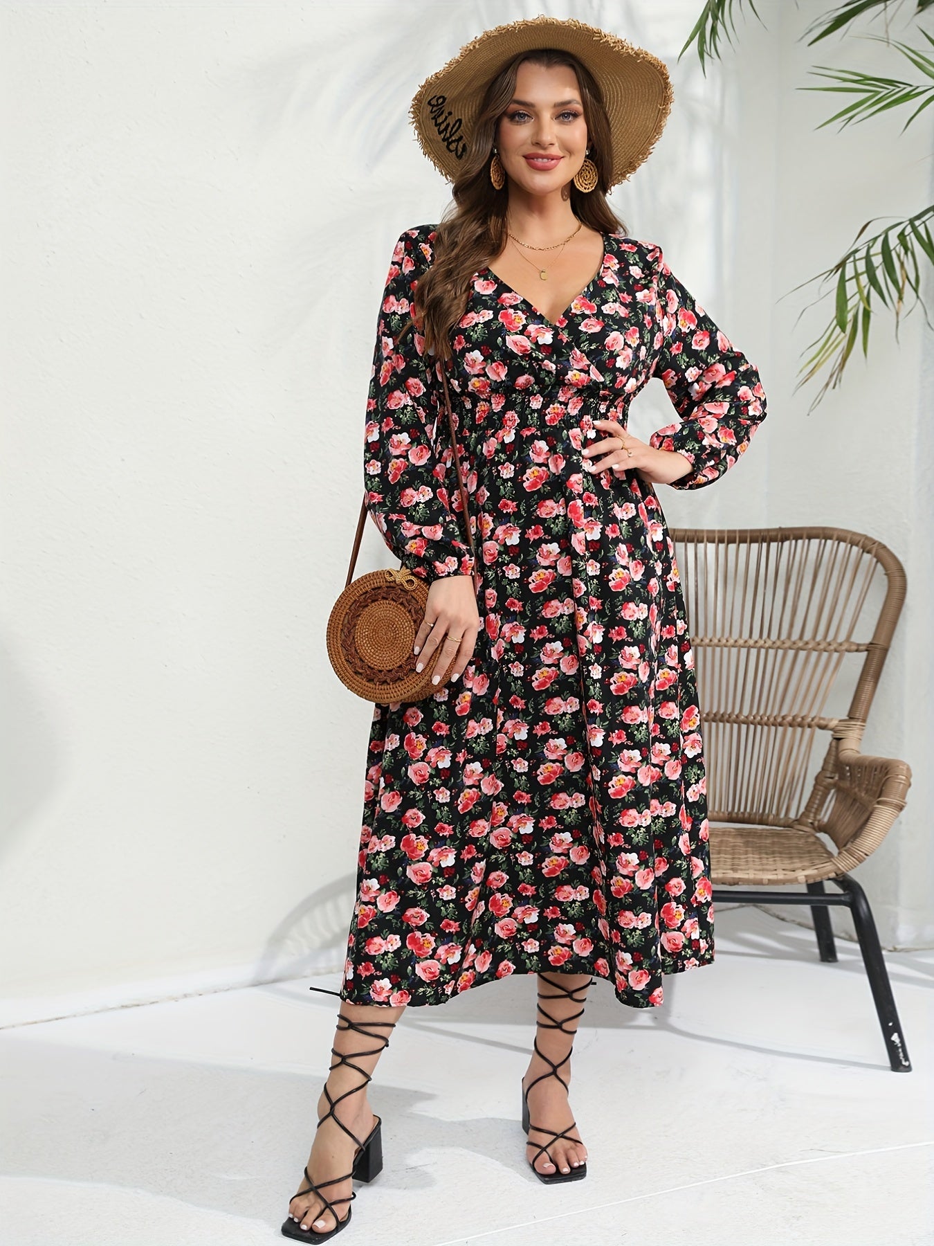  Rose Print Long Sleeve Maxi Dress