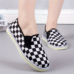 Women's Checkerboard Flat Canvas Shoes Slip On Loafers Casual Low Top Sneakers