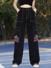 Fire Print Loose Fit Straight Jeans High Waist Non Stretch High Rise Streetwear