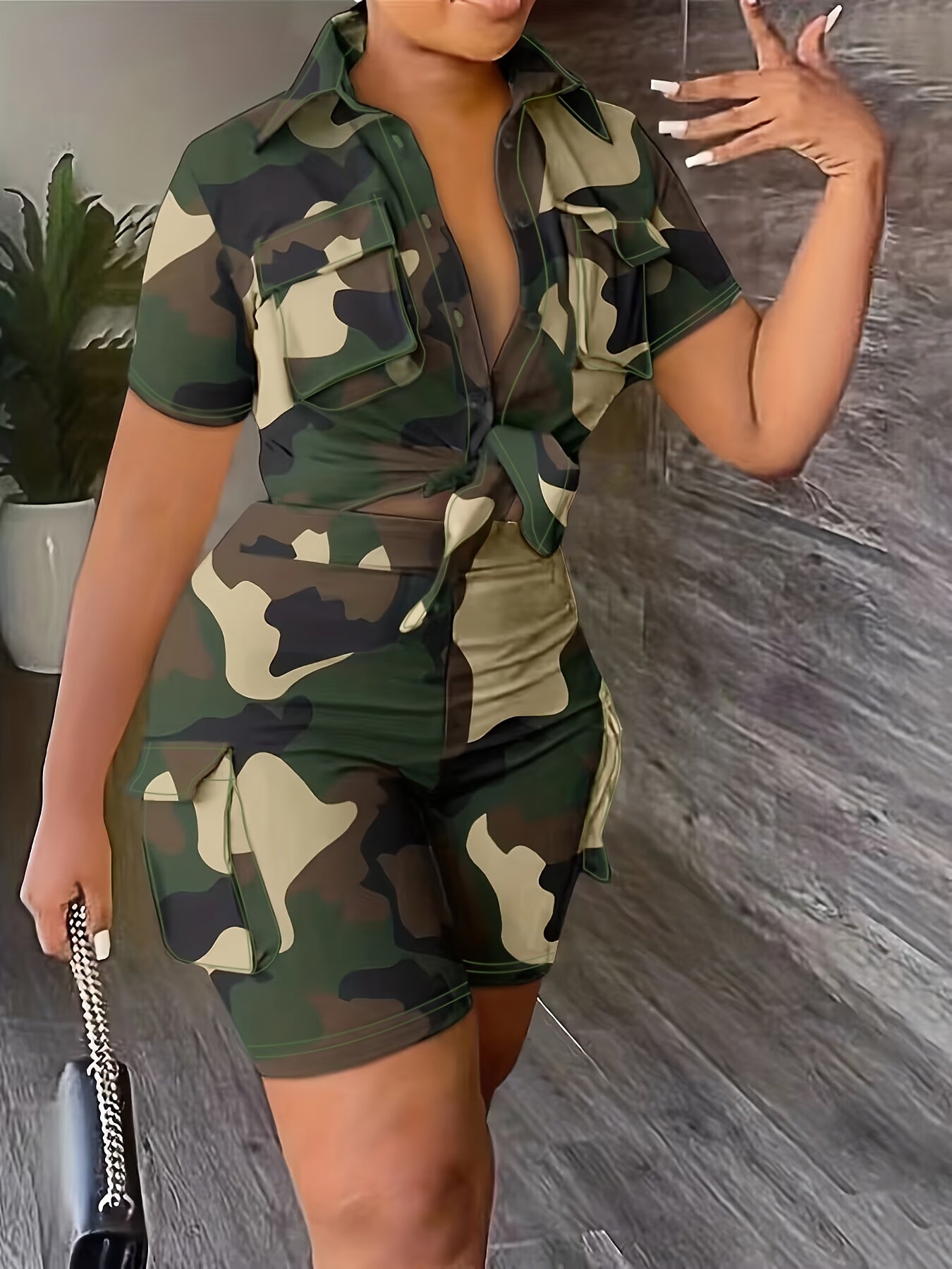  Camo Print Short Sleeve Crop Top & Shorts Set
