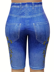 Women's Plus Denim & Sunflower Print High Rise Skinny Shorts