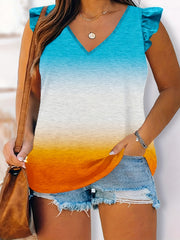  Colorblock Leopard Print Ruffle Sleeve Tank Top
