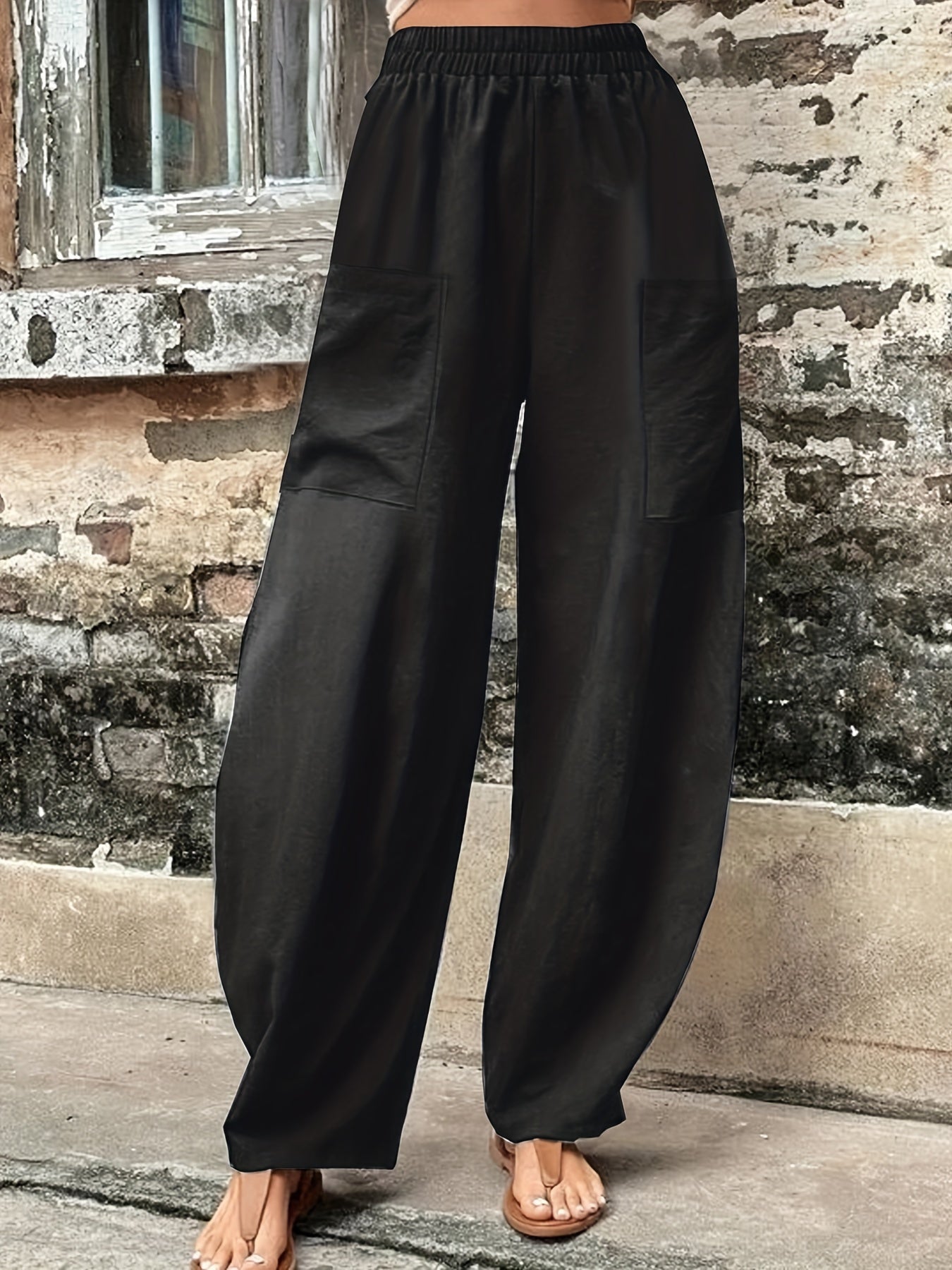  Solid High Rise Loose Pants With Pockets