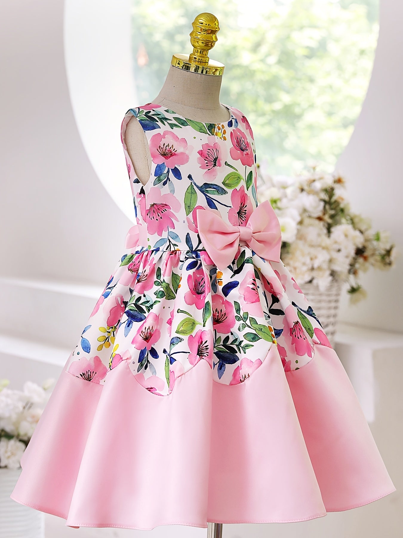 Girls Elegant Floral Print Sleeveless Dress with Bow