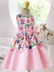 Girls Elegant Floral Print Sleeveless Dress with Bow