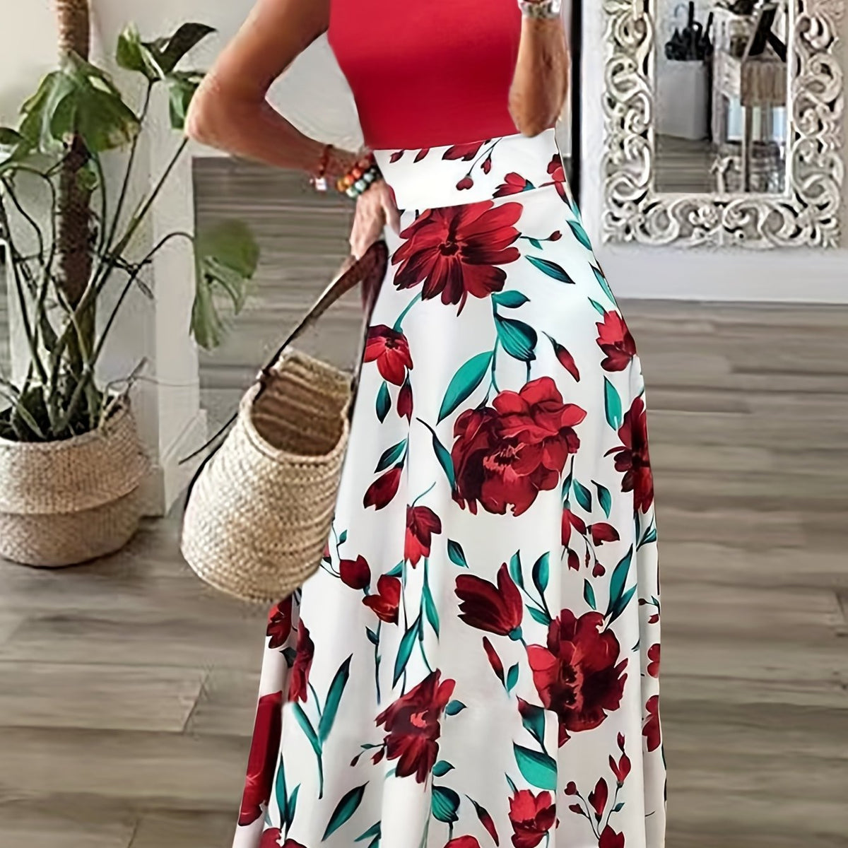  Colorblock Flower Print Sleeveless Maxi Dress