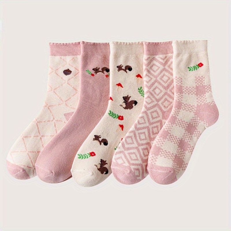 5 Pairs Cartoon Print Socks Cute & Comfy Mid Tube Stockings Women's Hosiery