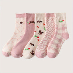 5 Pairs Cartoon Print Socks Cute & Comfy Mid Tube Stockings Women's Hosiery