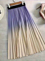  Ombre Print Elastic Waisted Pleated A line Skirt