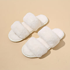 Women's Double Straps Flat Slippers Open Toe Solid Non Slip Fluffy Home Shoes
