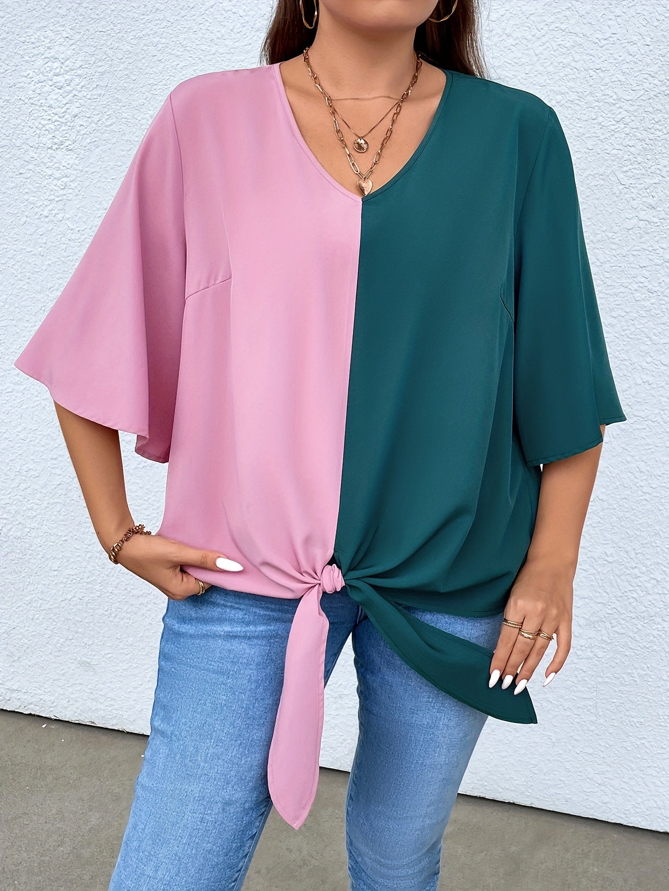  Colorblock V Neck Tunic Top