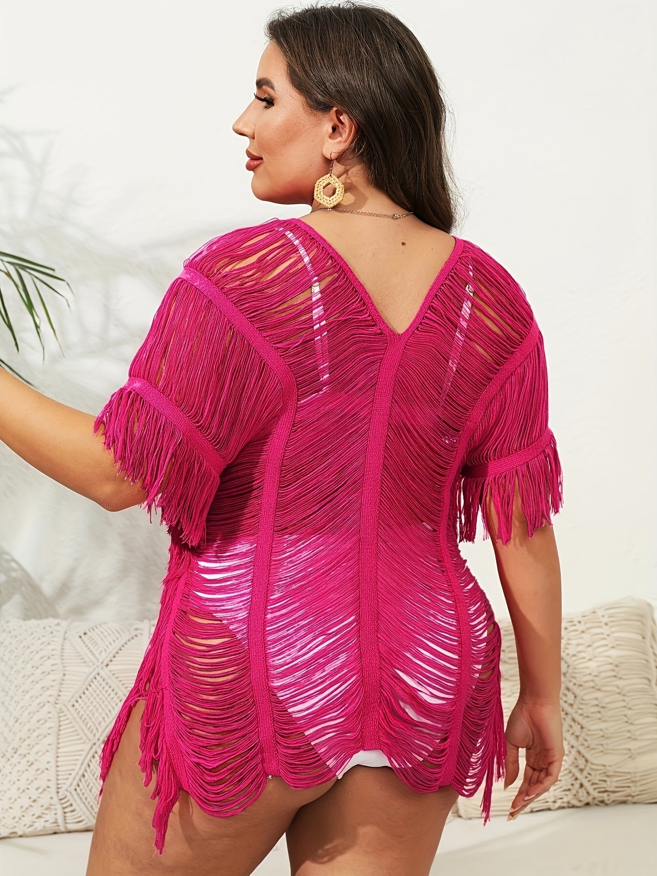  Fringe Trim Cut Out Semi Sheer Cover Up Dress