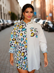 Colorblock Leopard Print Button Up Tunic Shirt
