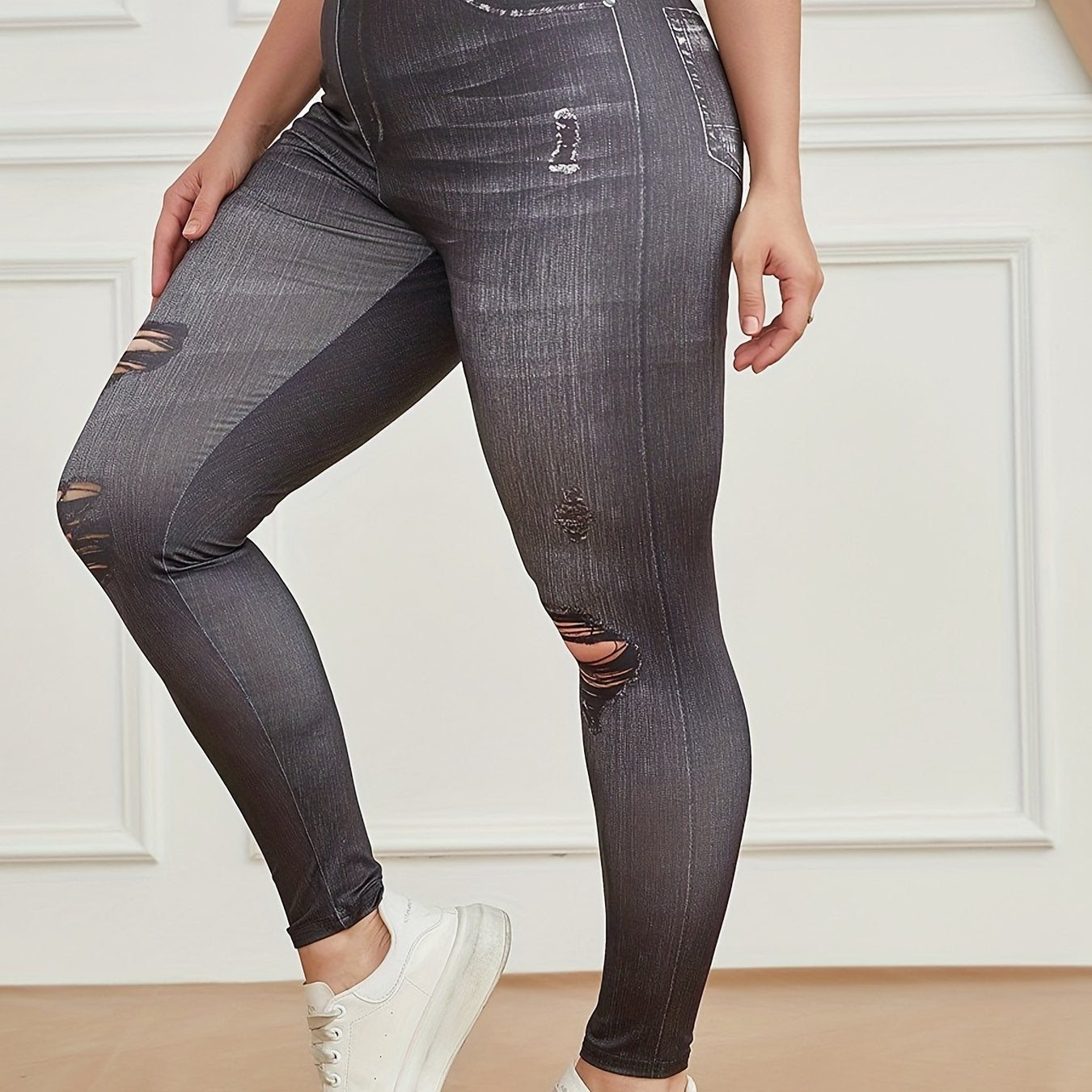Faux Denim Floral Leggings High Waist Yoga Pants