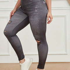 Faux Denim Floral Leggings High Waist Yoga Pants