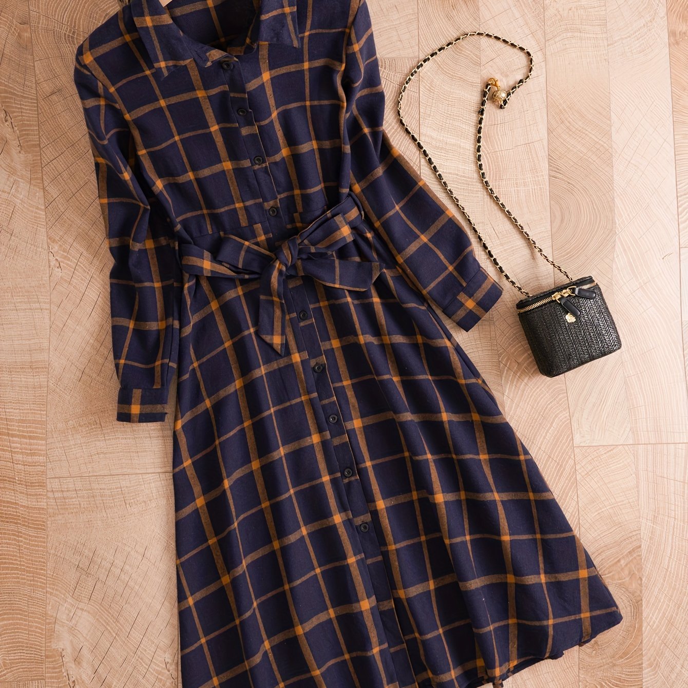  Plaid Print Button Up Long Sleeve Shirt Dress