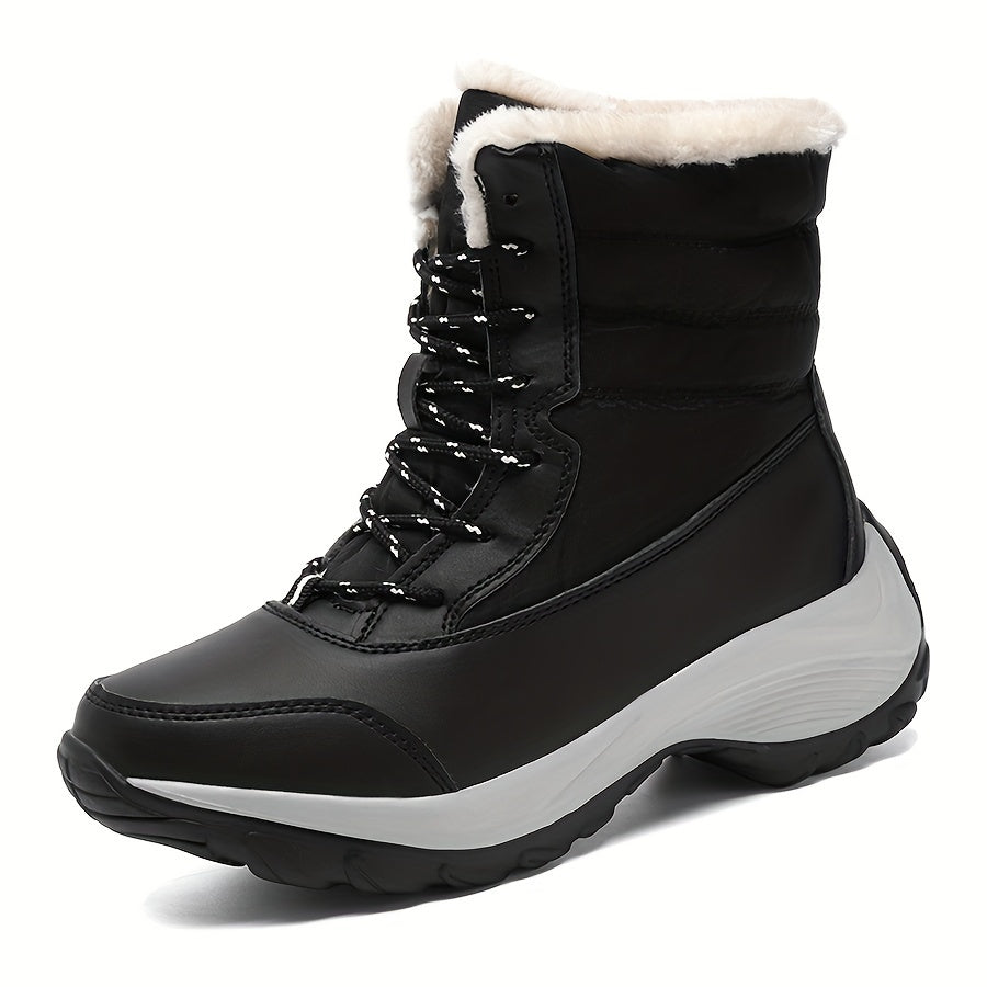 Women's Faux Fur Snow Boots Waterproof Anti-slip Lace-up Warm Mid Calf