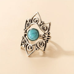 Geometric Turquoise Single Ring Vintage Carved Hollow Ring