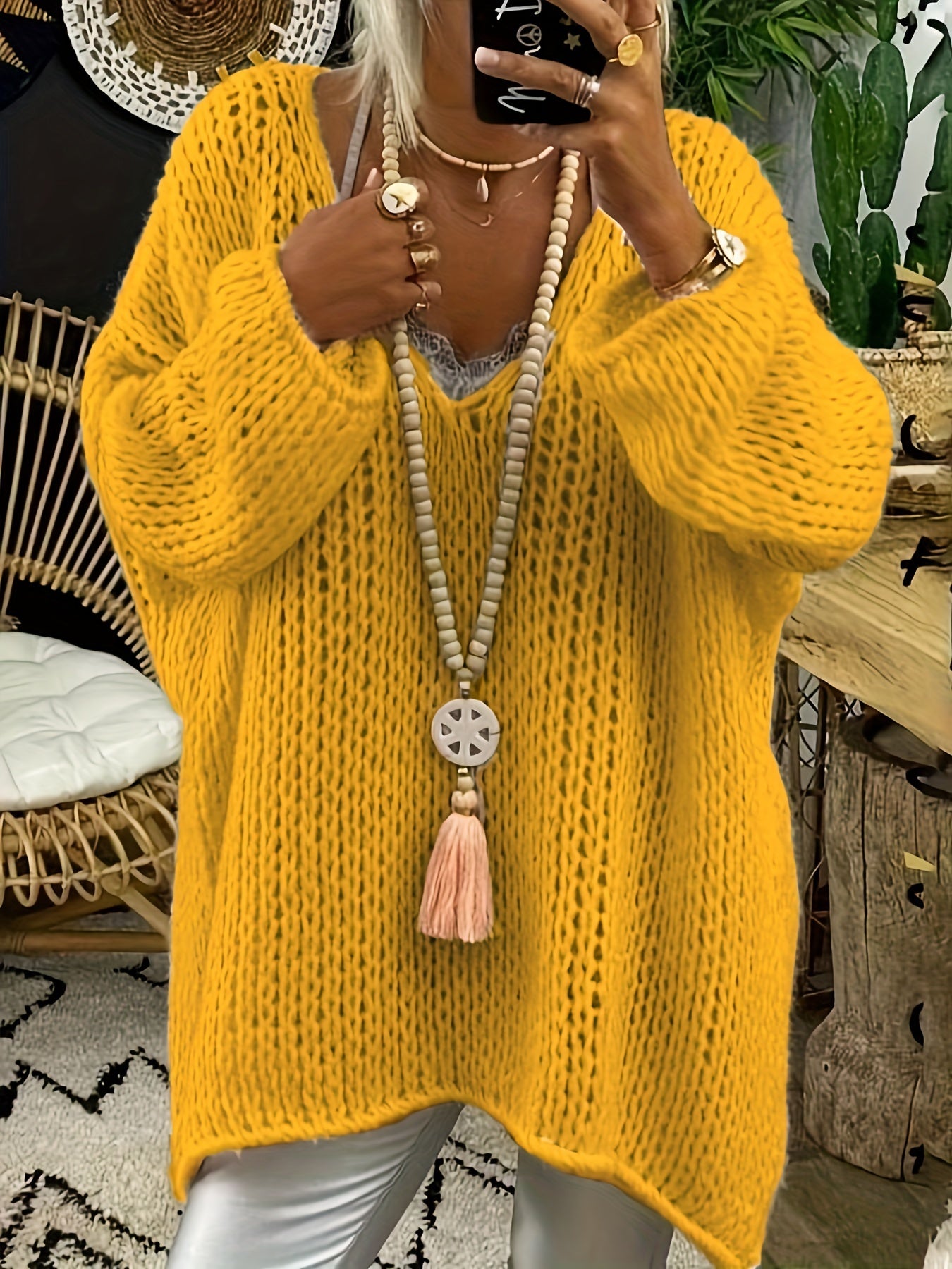  Solid Long Sleeve V Neck Oversized Jumper