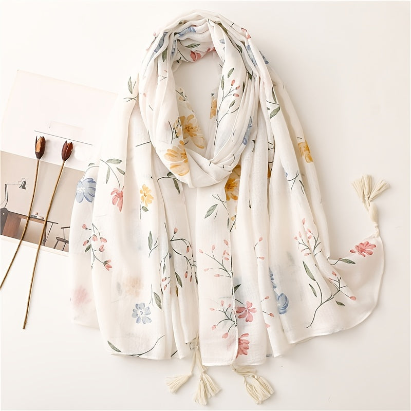 Floral Print Scarf Tassel Linen Shawl Lightweight Sunshade Shawls