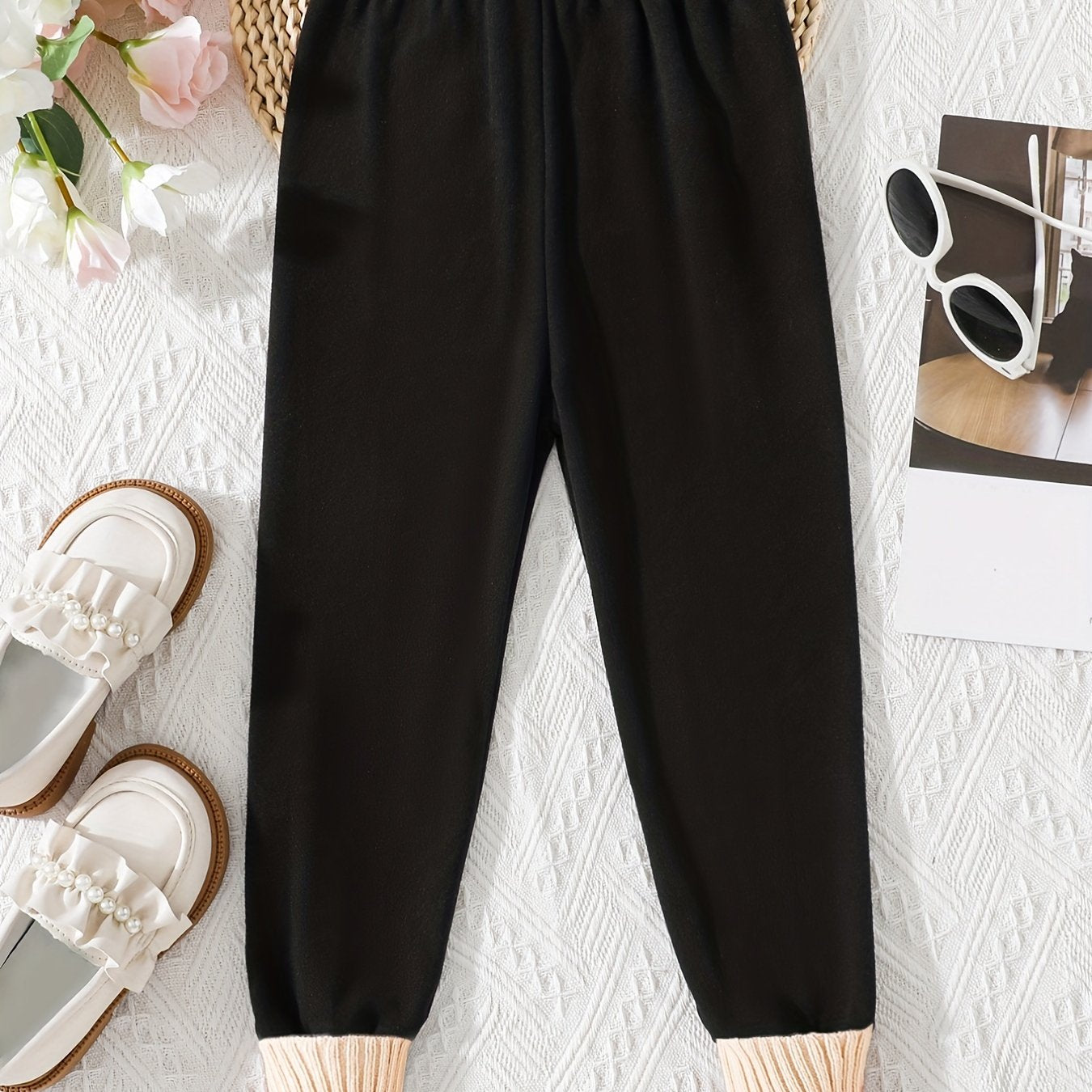 Girls Ribbed Cuffs Elastic Waist Jogger Pants for Spring Autumn