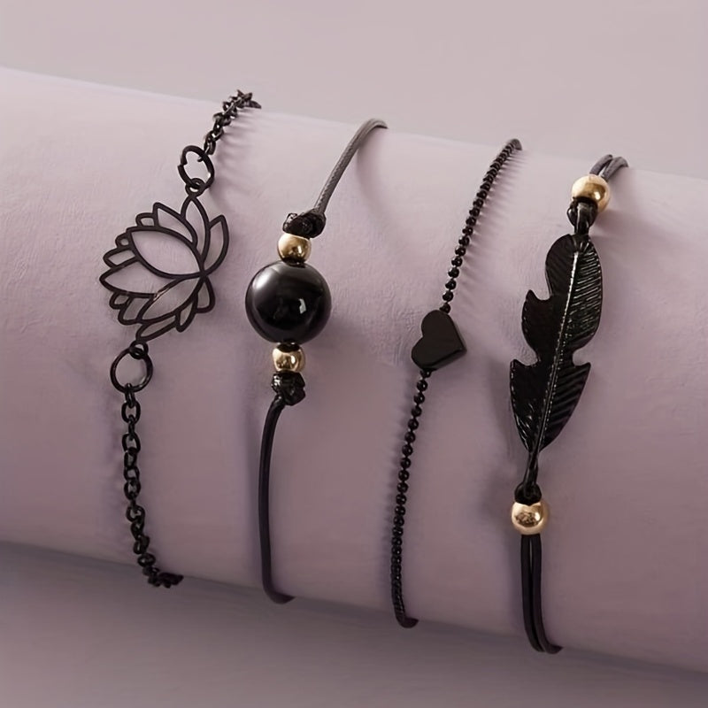 4 Pcs Stackable Lotus Chain Anklet Set For Women