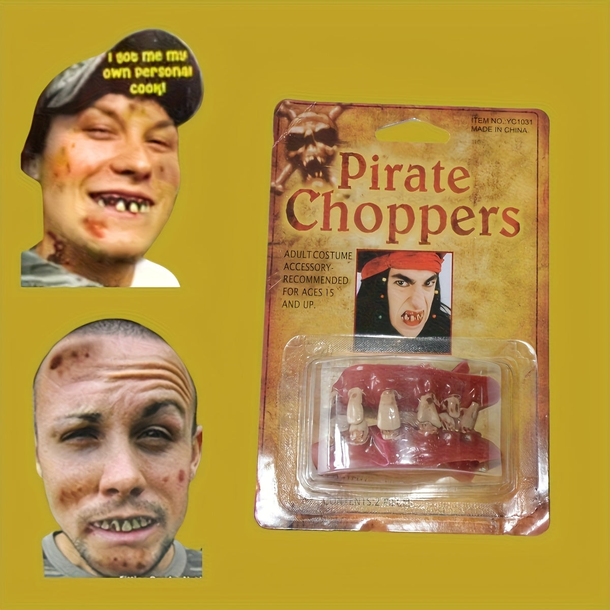 Pirate Choppers Yellow Teeth with Red Gums for Halloween & Pranks
