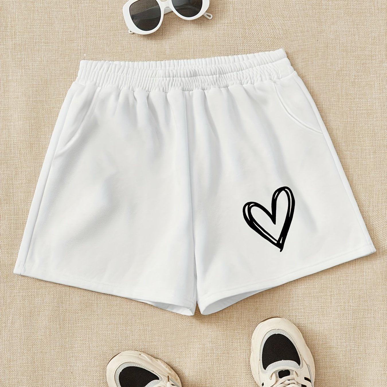 Girls Heart Print Sweat Shorts Elastic Waist Casual Sports Clothes
