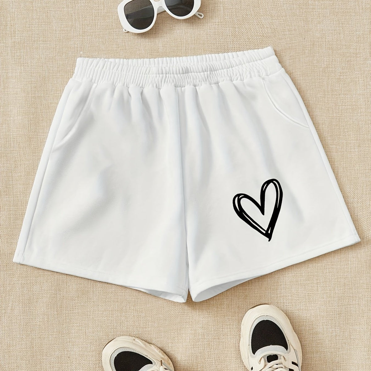Girls Heart Print Sweat Shorts Elastic Waist Casual Sports Clothes