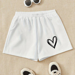 Girls Heart Print Sweat Shorts Elastic Waist Casual Sports Clothes