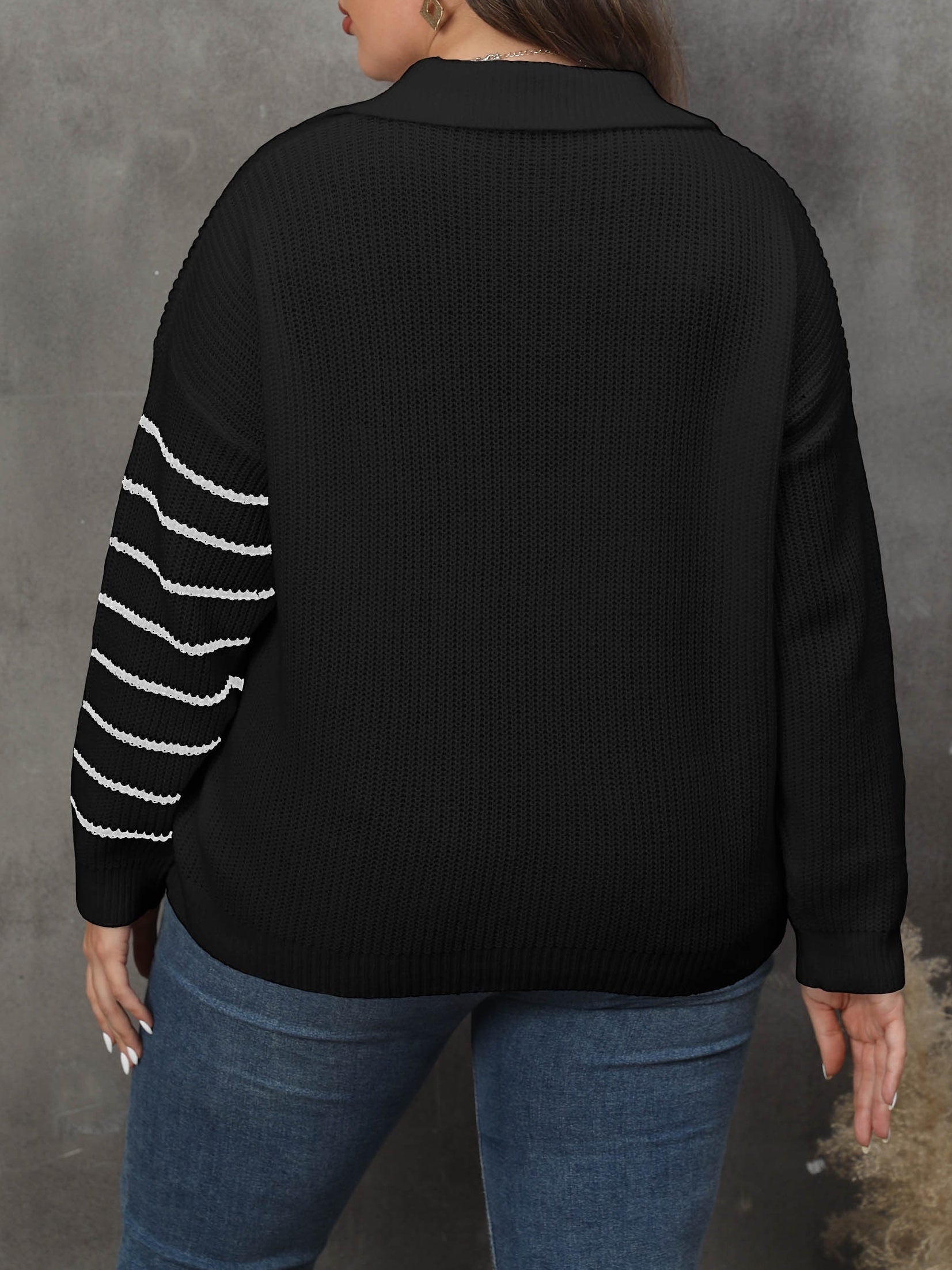  Striped Long Sleeve Polo Neck Casual Sweater