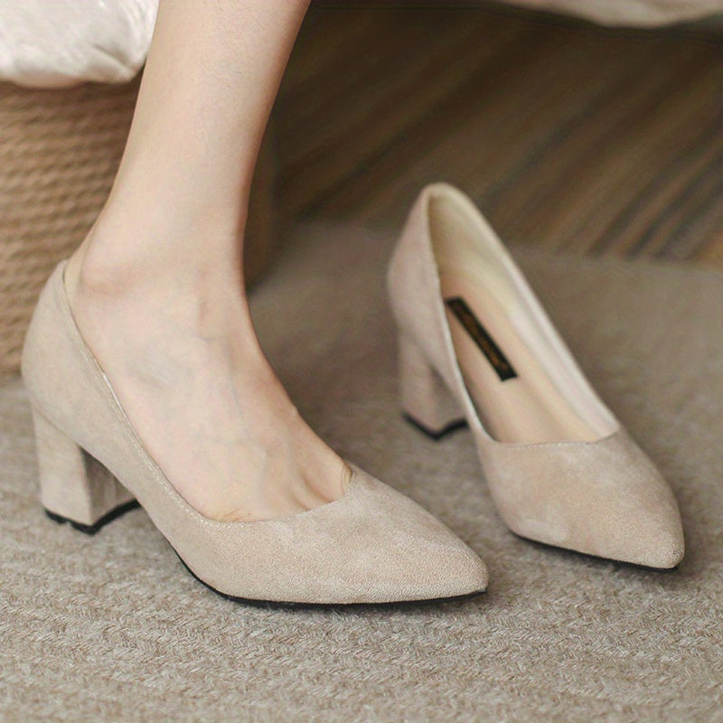 Women's Chunky Heeled Court Pumps Classic Solid Pointed Toe Mid Heels