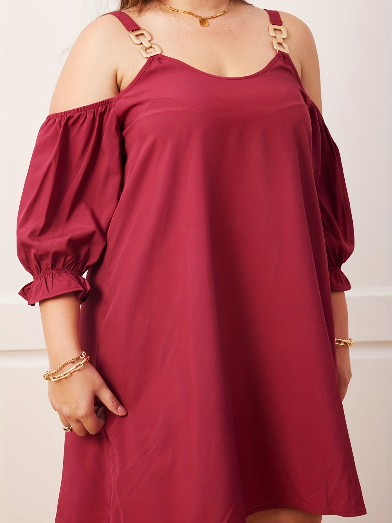  Cold Shoulder Puff Sleeve Dress