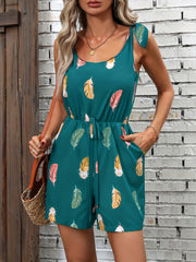 Feather Print Tie Strap Romper Jumpsuit Casual Sleeveless Romper