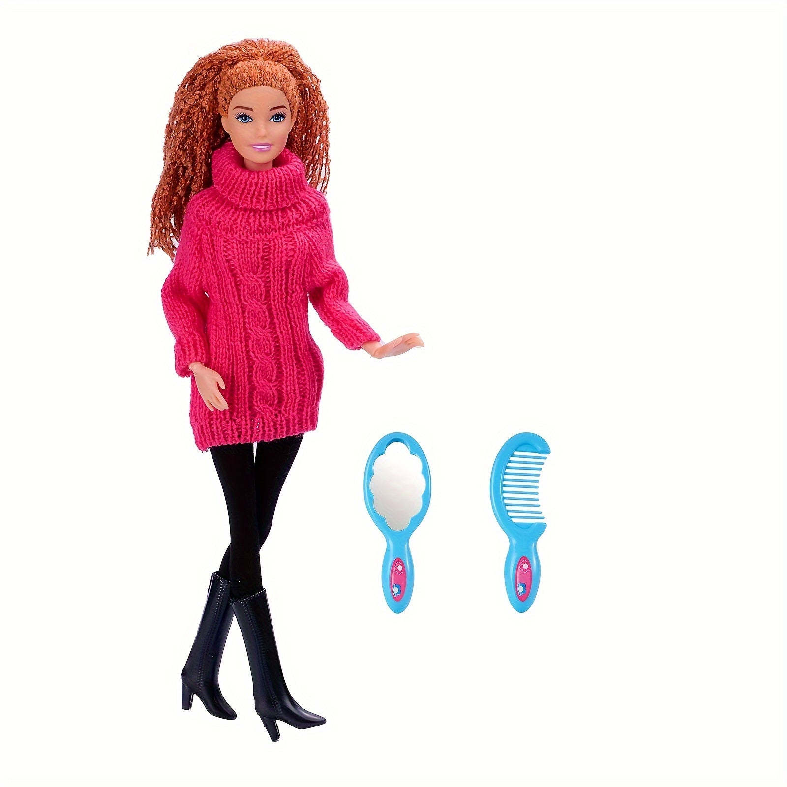 6pcs Doll Set: Turtleneck Sweater, Pants, Shoes, Comb, Mirror - 11.5 Inc