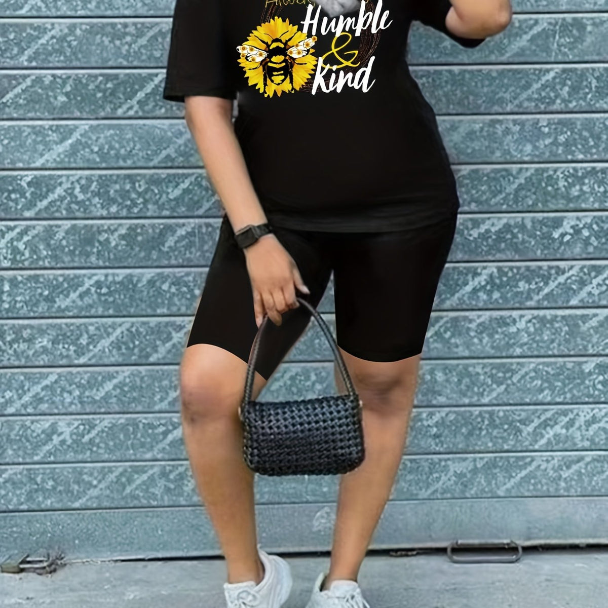  Bee & Slogan Print Tee & Biker Short Set