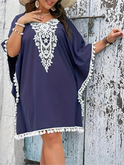 Solid Applique Batwing Sleeve Dress